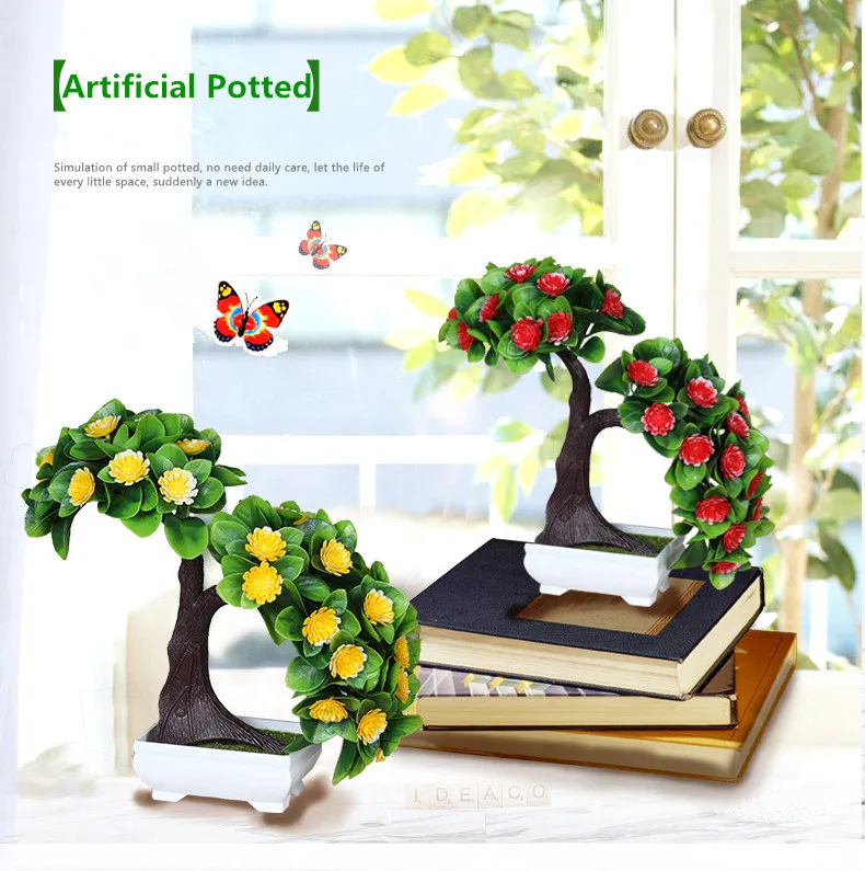 Flone Artificial Plants Flowers Fake Green Plant Welcome Pine Bonsai Simulation Plastic Flowers Wedding Home Decoration Plant (1)