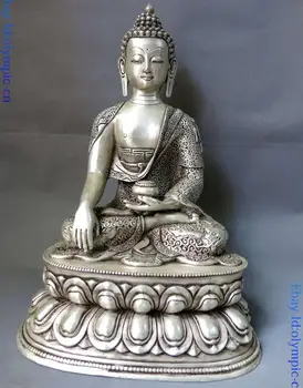 

14" China silver carved buddhism dragon eight treasures Medicine Buddha Statue