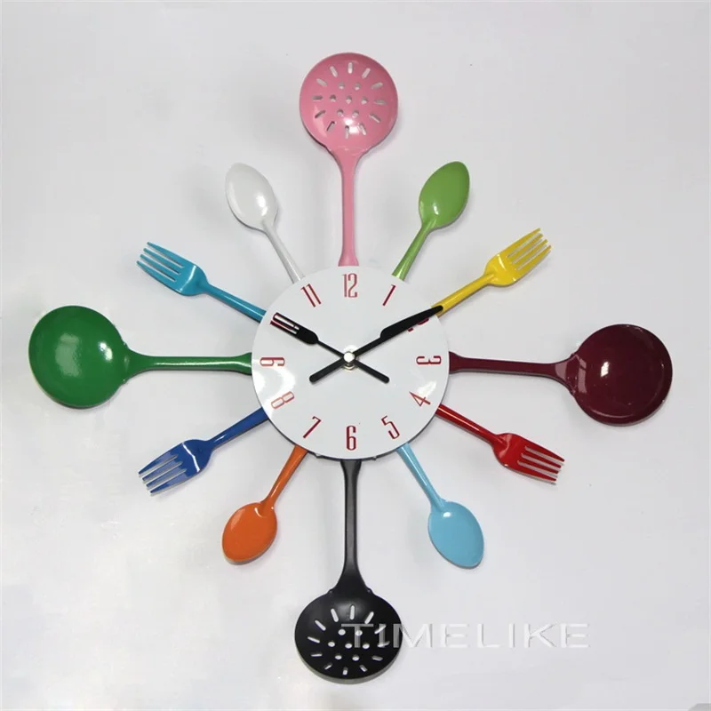 16 дюймов Большой размер высокое качество металлические кухонные настенные часы вилка ложка кухонные настенные часы специальный подарок - Цвет: Многоцветный