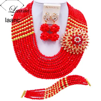 

Laanc 10 Rows Opaque Red Nigerian Wedding African Beads Jewelry Set Crystal for Women C22P001