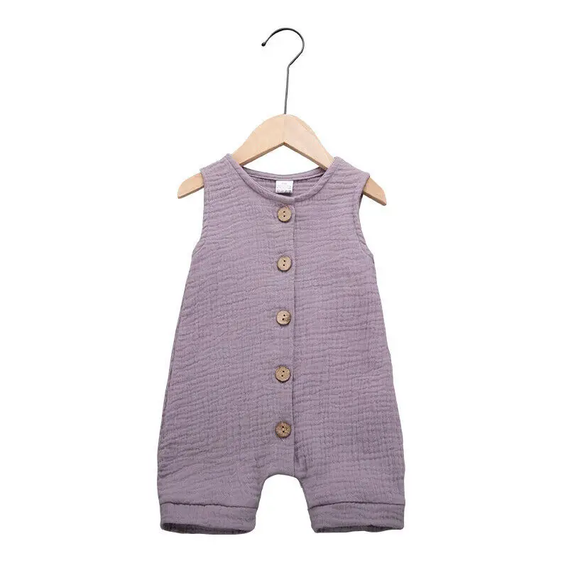 Летняя одежда для малышей хлопковый льняной комбинезон для новорожденных мальчиков и девочек, однобортный комбинезон унисекс без рукавов для детей 0-24 месяцев - Цвет: Light Purple