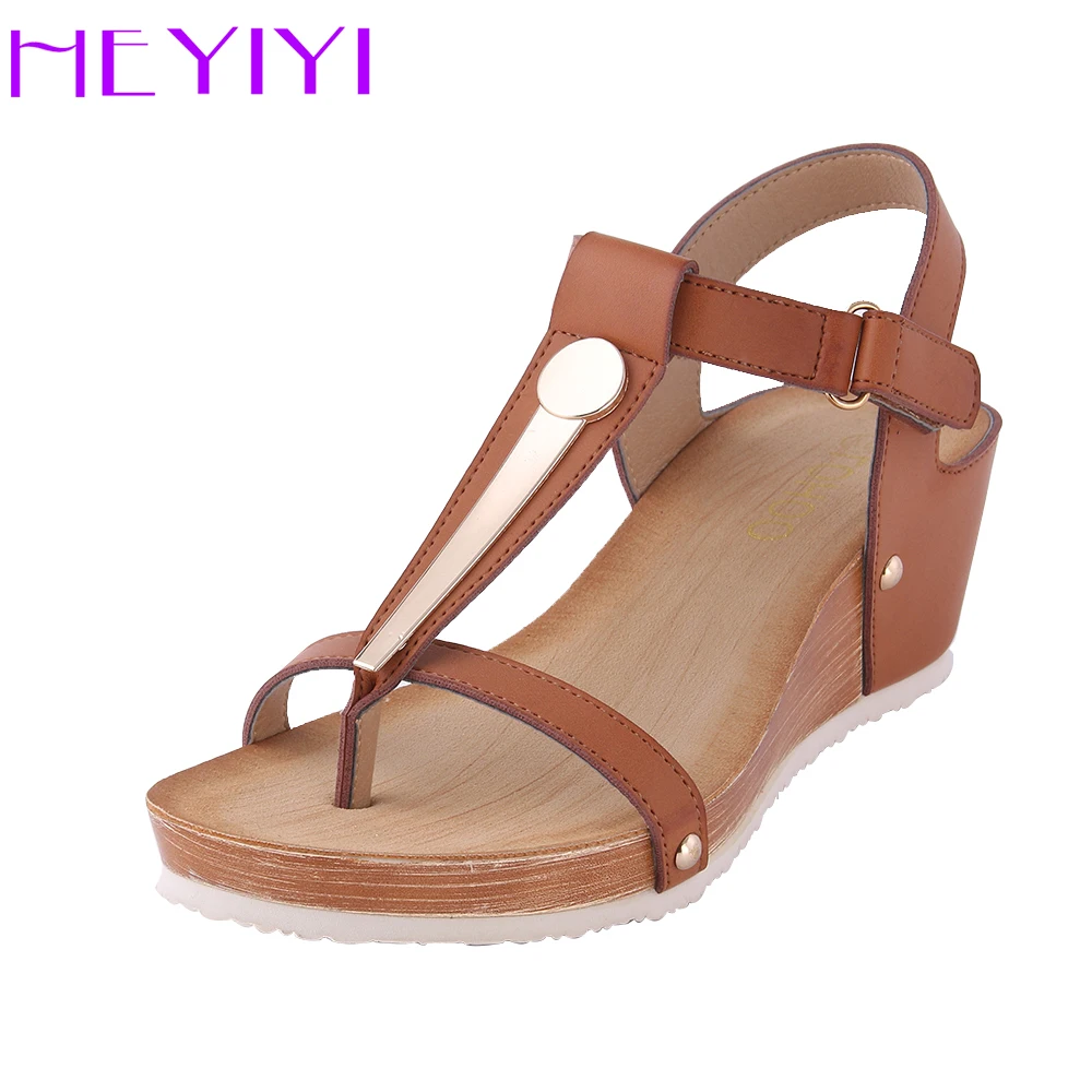 

HEYIYI Women Sandals Platform Wedges Shoes Soft PU Summer Comfort T-strap Large Size Metal Rivets Lightweight Buckle Strap Shoes