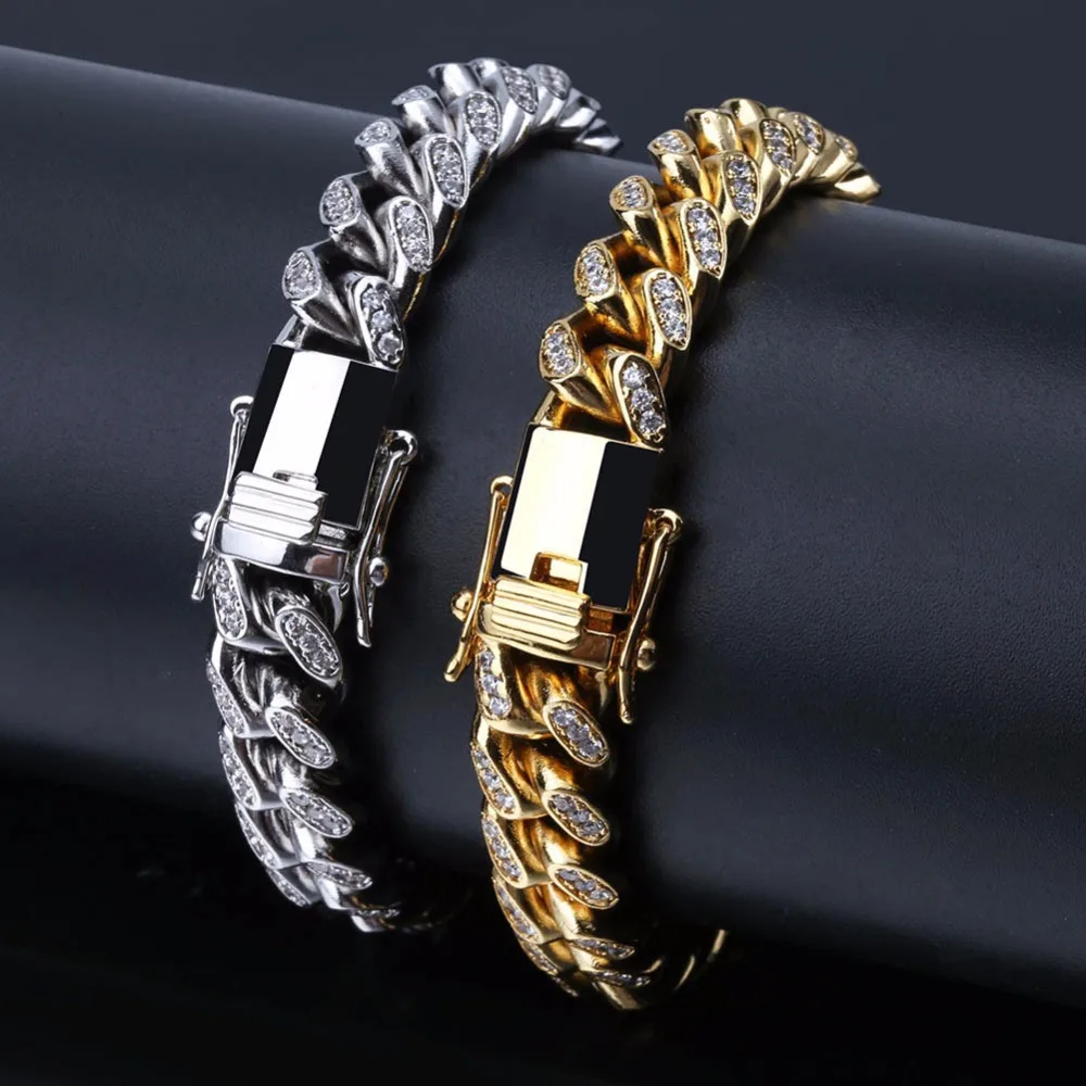 

10mm Miami Curb Cuban Chain Bracelet For Men Hip Hop Bling Iced Out Paved Rhinestones CZ Rapper Bracelets Jewelry 7"8