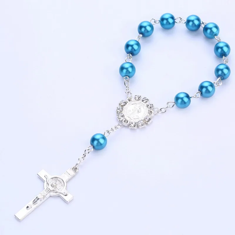 Крест кулон браслет с розами католический Свадебные католический крест - Цвет: blue