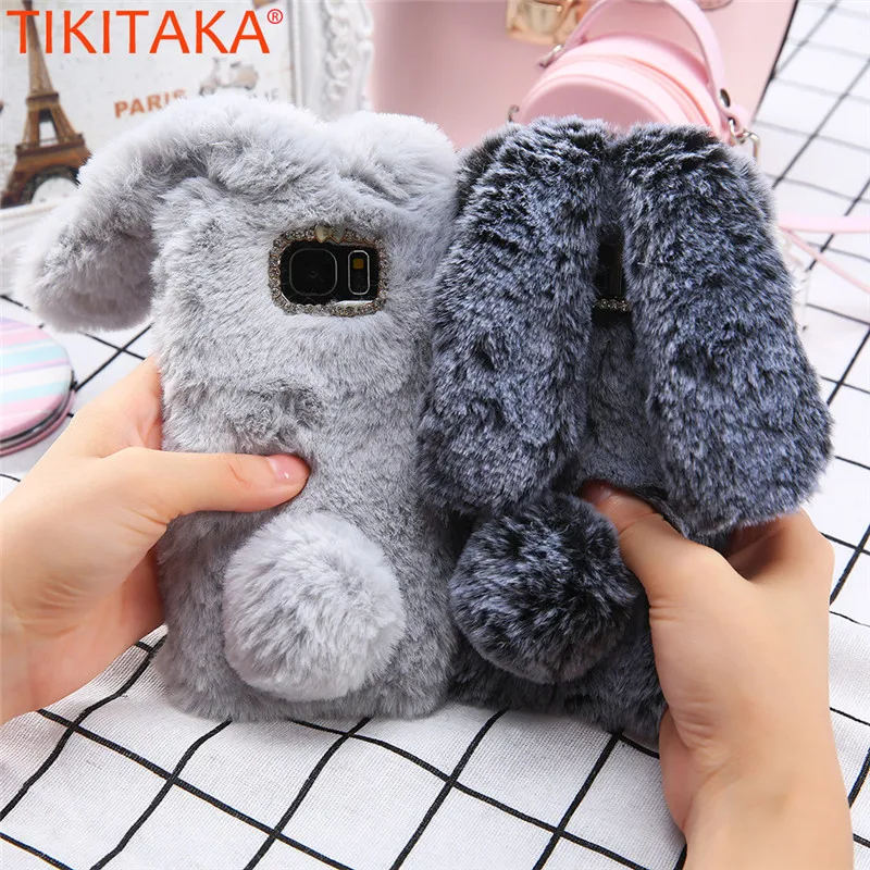 

For Samsung S7 S8 S9Plus Protective Cases Warm Plush Phone Case Jewelled Coque Capa Rabbit Ears Tail Carcasas For Samsung S6Edge