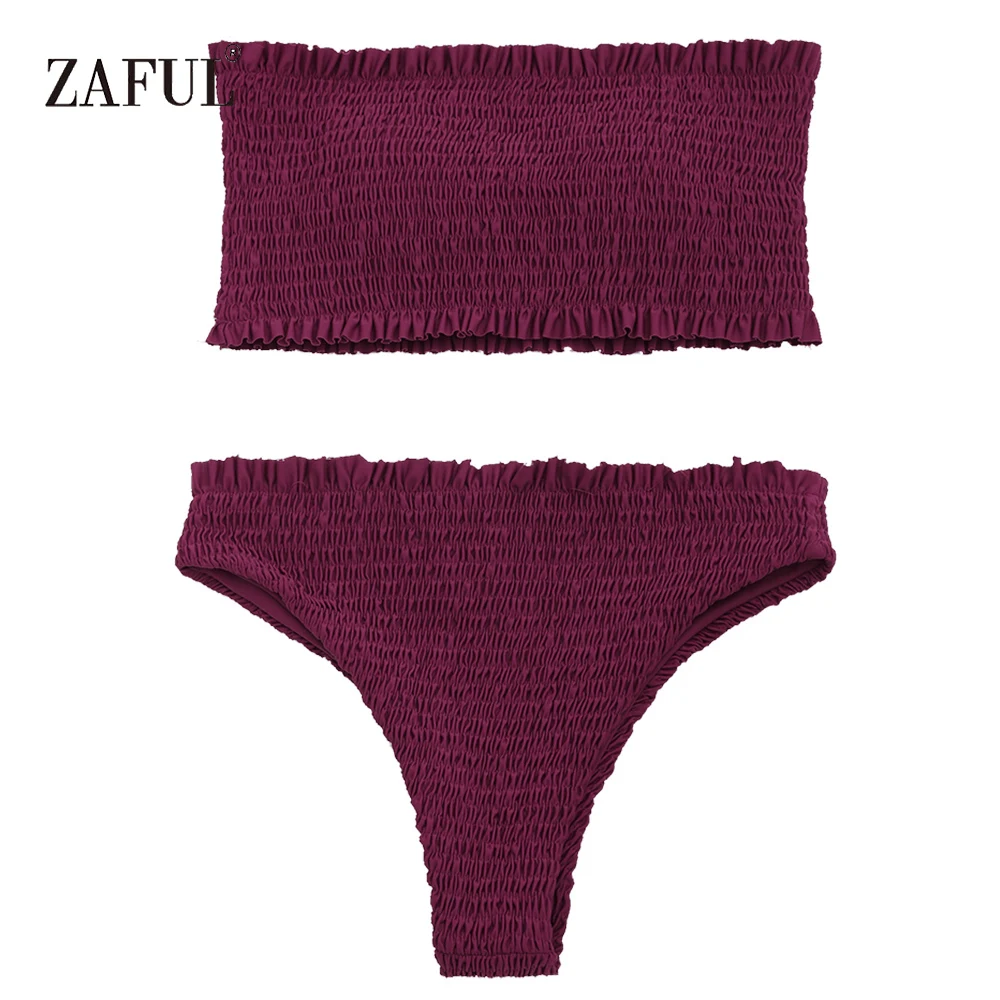 Женский купальник с оборками ZAFUL однотонный купальный костюм-бандо рюшами без