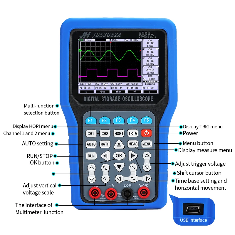 Ручной осциллограф 1/2 Каналы 250/500 MSa/s 50/70/80 МГц 8 бит осциллограф JDS3072E цзиньханьская JDS3082A JDS3051A