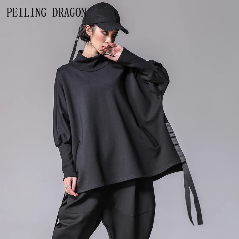 

PEILINGF DRAGON new spring casual loose big size semi-high collar batwing long sleeve ribbon fashion t shirt T1599
