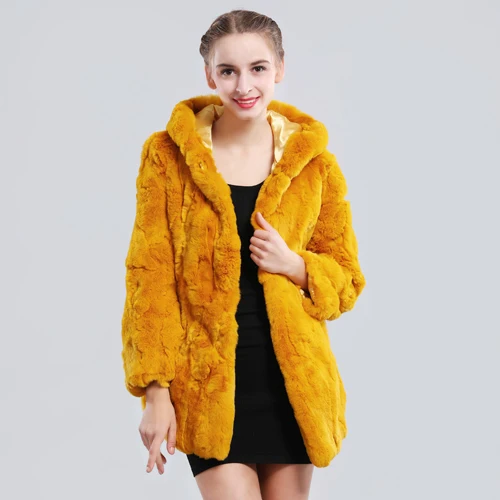 Длинная стильная зимняя куртка из натурального меха Рекс, меховой капюшон, женская модная шуба из кролика Рекс, натуральный мех кролика Рекс, пальто с капюшоном - Цвет: yellow