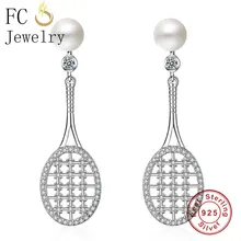 FC ювелирные изделия 925 стерлингового серебра имитация жемчуга Теннисная ракетка для бадминтона серьги гвоздики кубического циркония кристалл женщин Девушка Brinco