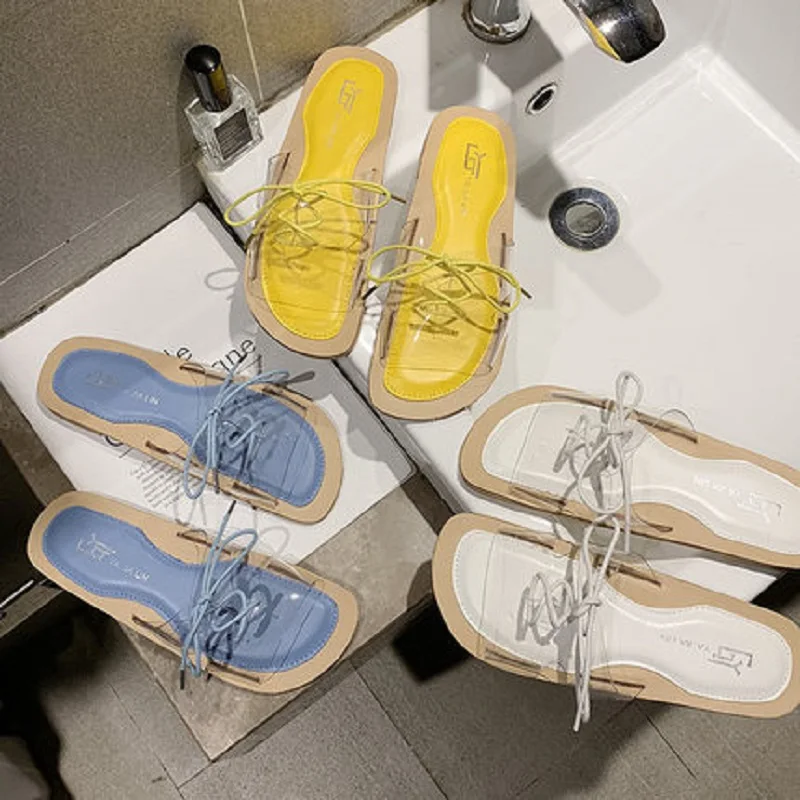 2019 summer new transparent lace belt outside beach flat non-slip slippers women