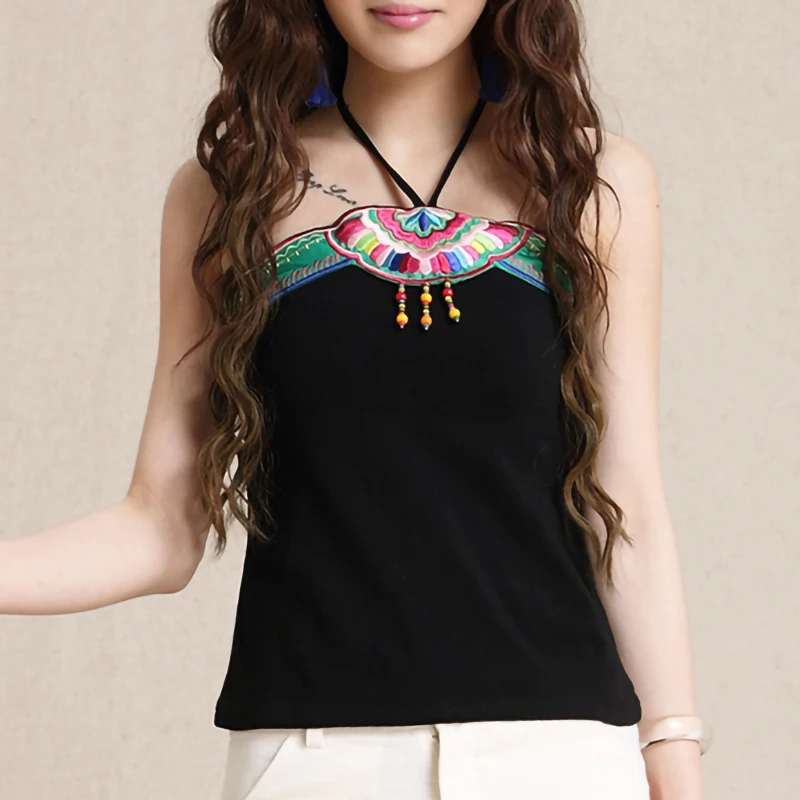 

Ethnic Halter Top Embroidery Bustier Sexy Tank Tops Solid Color White Black Backless Bottoming Cami Summer