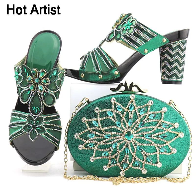 

Hot Artist High Quality Italian Design Rhinestone Shoes And Bag Set Special African Woman High Heels Shoes And Bag For Party