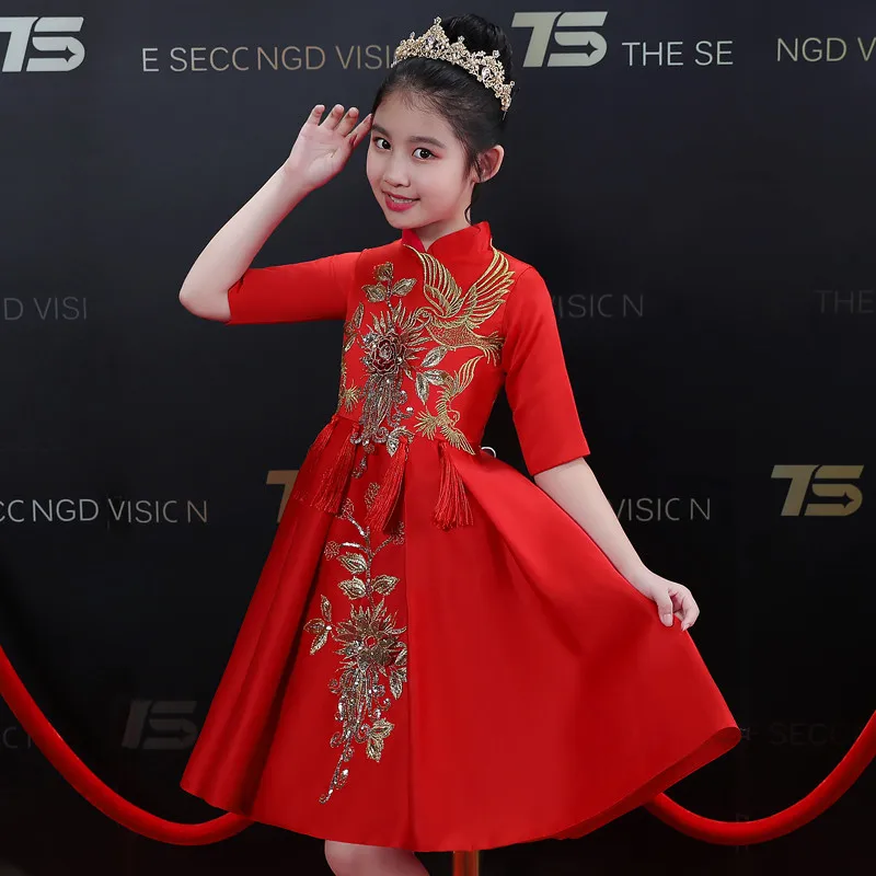Viento chino niñas bordado Color rojo Año nuevo vestido de fiesta niños adolescentes Piano elegante vestido de boda del desfile - 2
