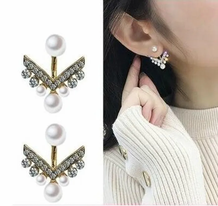 

ex884 European punk Vintage crystal alloy geometric V-shaped pearl earrings female jewelry accessories 2019