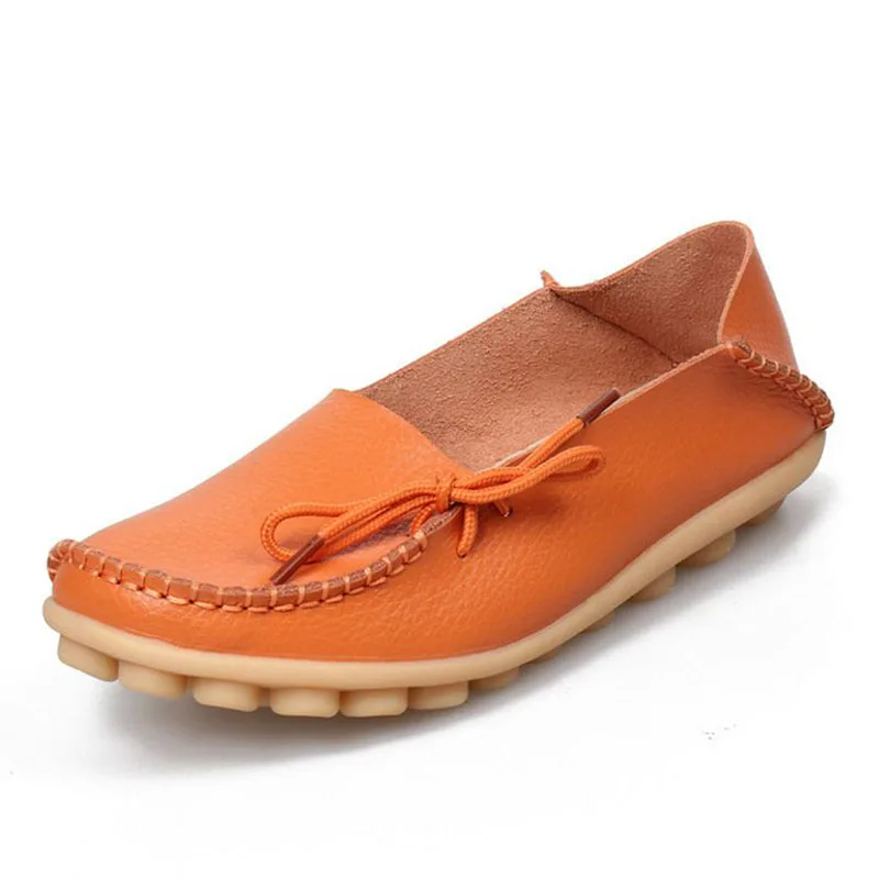 KemeKiss/Женская обувь на плоской подошве; 24 цвета; летние женские слипоны из натуральной кожи; Балетки без застежки; Мокасины с бантом; женская обувь на плоской подошве; размеры 34-44 - Цвет: Оранжевый