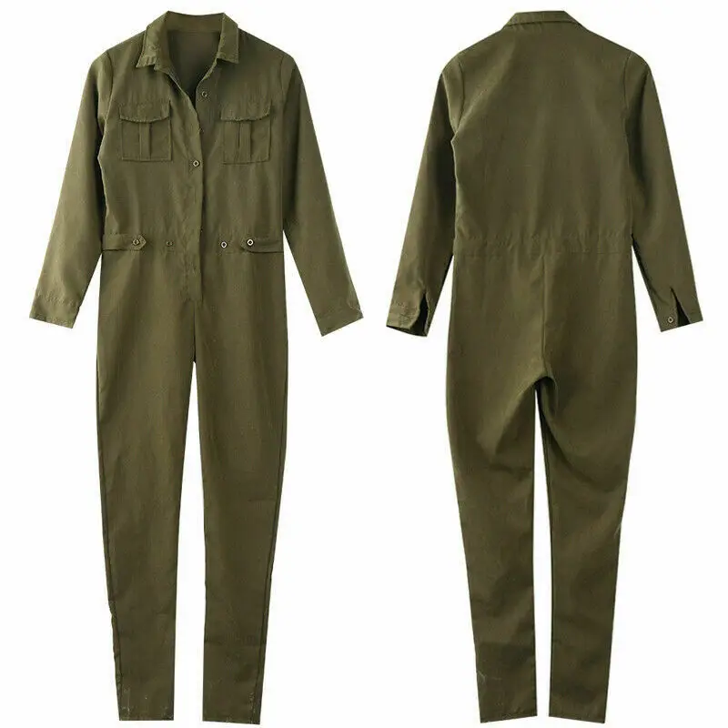 

Spring Autumn Women Long Sleeve Jumpsuit Playsuit Long Pants High Waist Retro Overalls Female Rompers Solid Green Streetwear