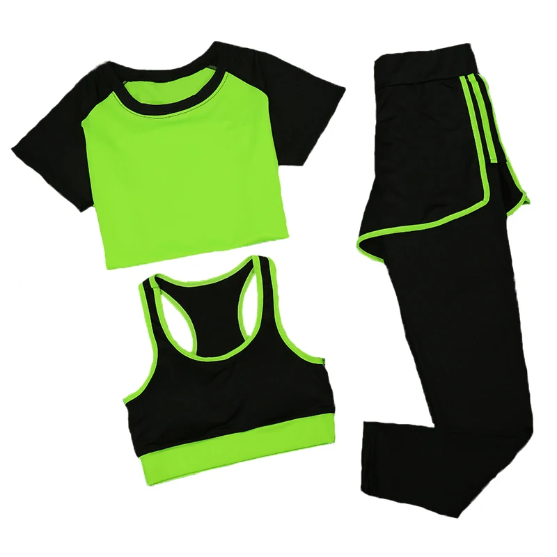 

2019 Summer Women Hoodies Sporting Suit Short Sleeve Sweatshirts+Bra+Pant Fitness Tracksuit Quick Drying 3 Piece Set For Women