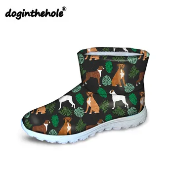 

doginthehole Women Boxer Dog Printing Ankle Boots Ladies Winter Snow Boots for Females Slip-on Warm Flat Shoes Zapatos Mujer