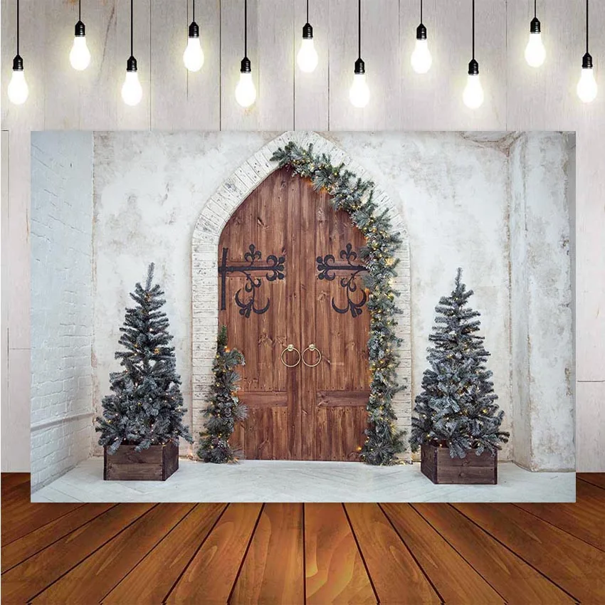 

Photography Background Christmas Decoration Tree Retro Vintage Wooden Door Christmas Backdrops for Photo Studio