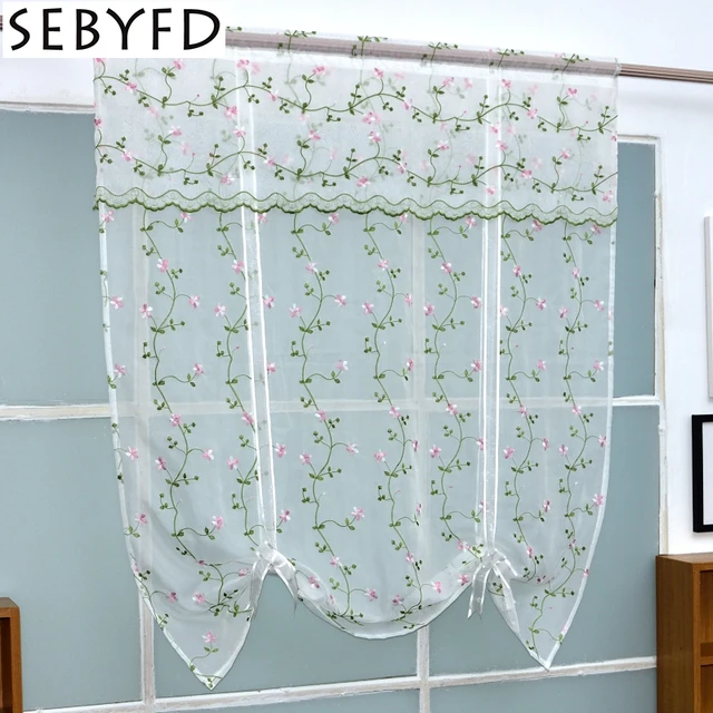 Modern Tie Up Embroidered Short Curtain Valance Sheer White Voile