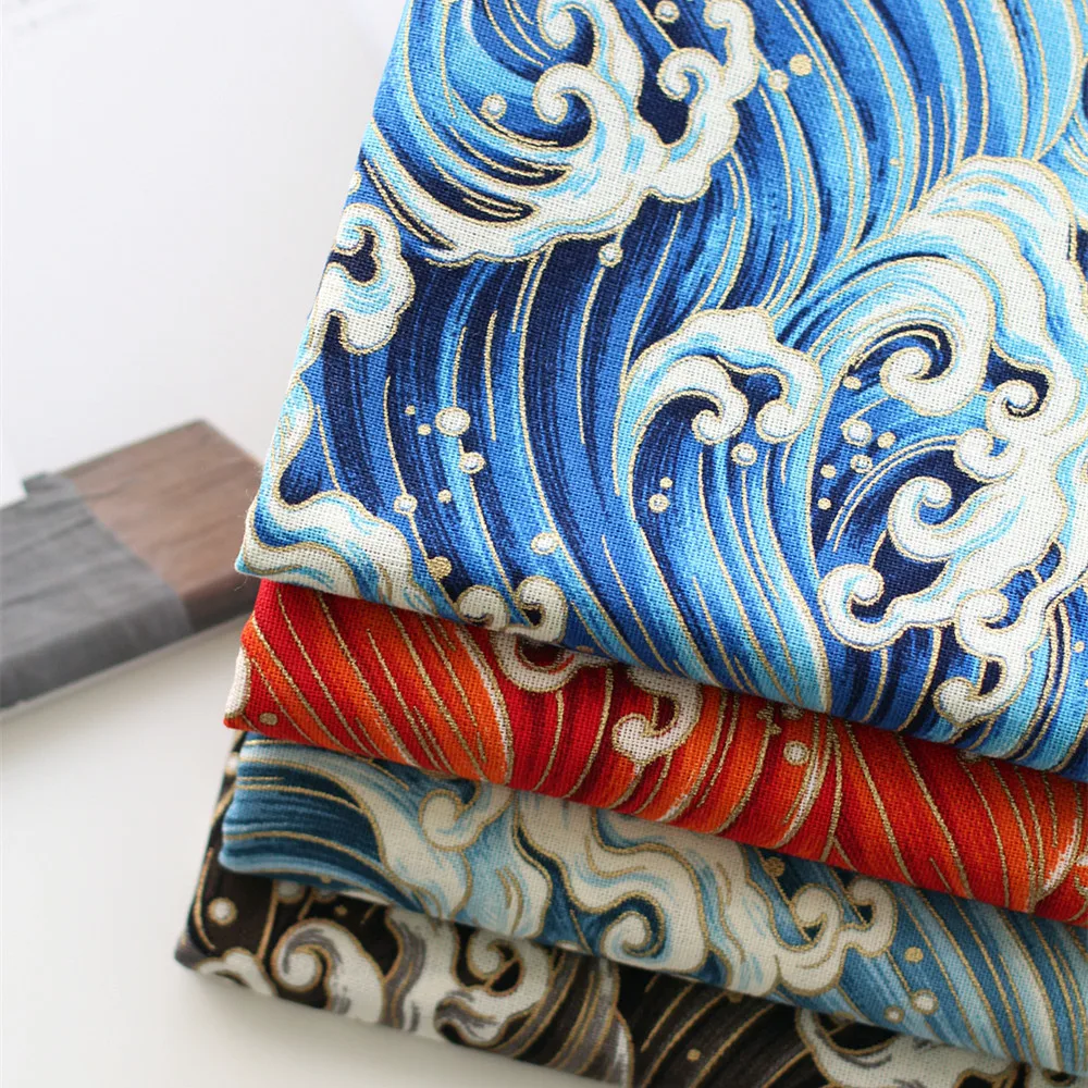 

Cotton Linen DIY Fabric for Table Cloth/Cushion Covers Japan Ukiyoe Ocean Wave Prints Beautiful Bronzed Clothes/Bag Fabric