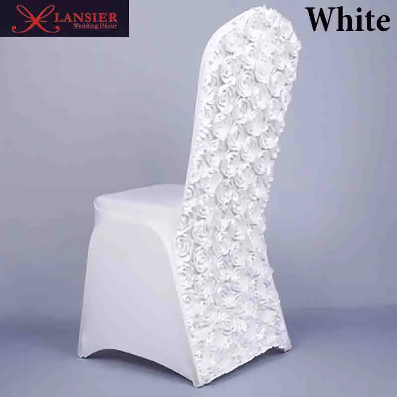 

3D rose flower pure color white wedding chair covers spandex lycra wedding decoration supplies spandex chair covers for sale