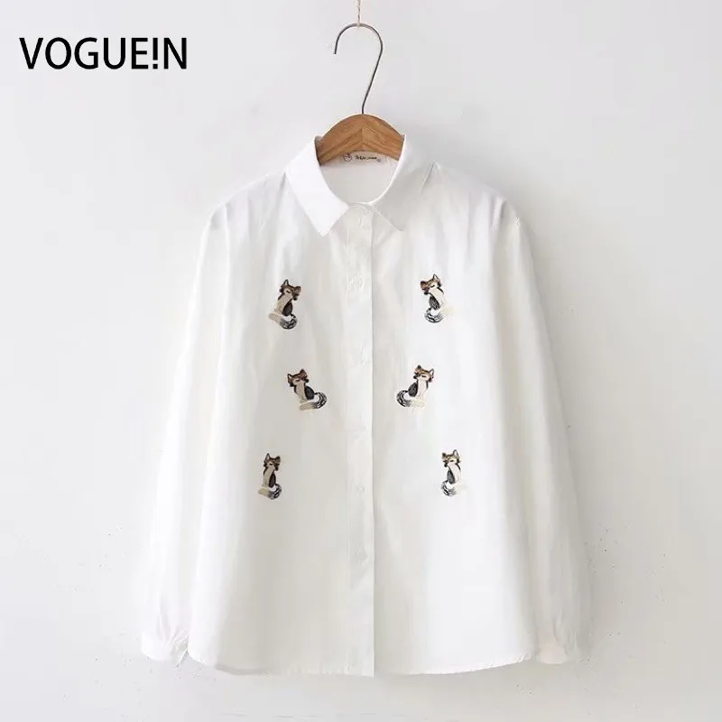 

VOGUEIN New Womens Cute Fox Embroidery Long Sleeve White Shirt Blouse Tops Wholesale