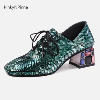 

Luxury high end women sheepskin pumps python pattern bling laser color rhinestone chunky heels mules fashion party dress shoes