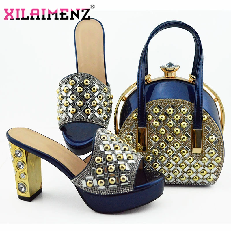 

Dark Blue New Fashion Italian Slippers And Matching Bag Set PU Leather Shoes And Bag Set For Party Summer Ladies Wedding Shoes