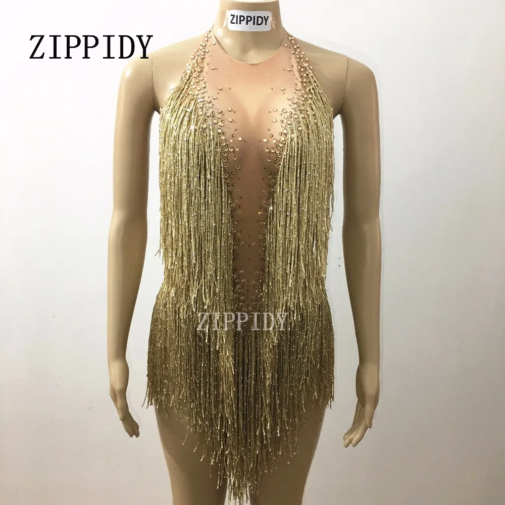 

Sparkly Gold Tassel Rhinestones Glisten Beads Bodysuit Bar Dj Singer Dancer One-Piece Outfit Costume Stage Performance Leotard