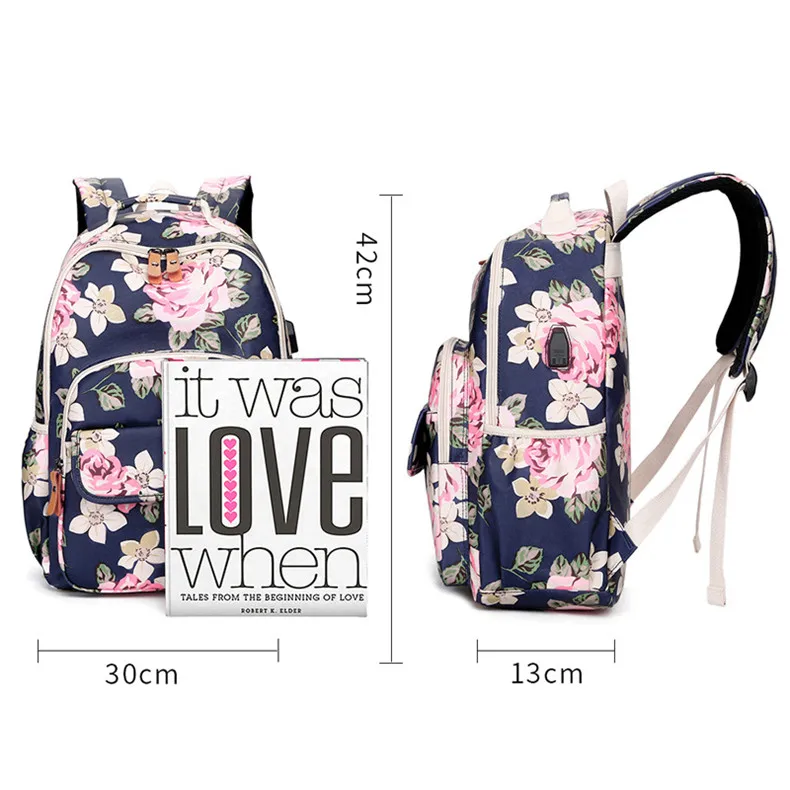 Tourya Мода цветок печати для женщин рюкзак водостойкий USB зарядка школьные рюкзаки для девочек ноутбук путешествия рюкзак Mochila