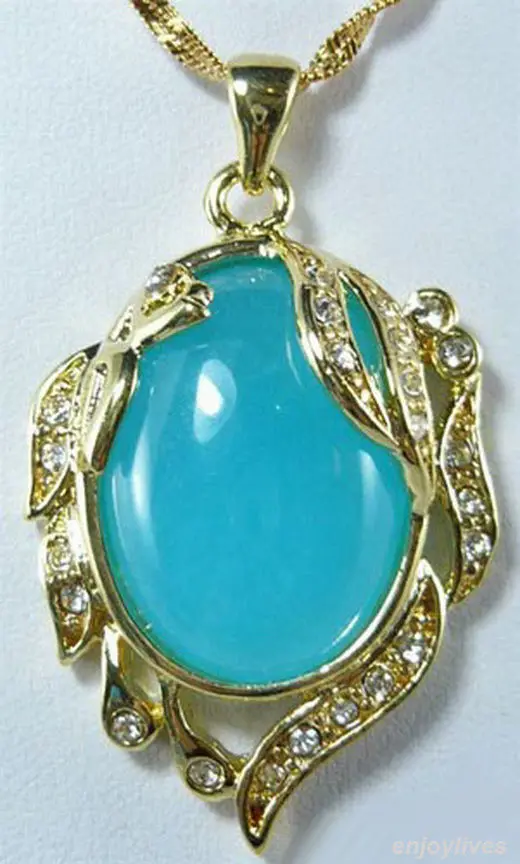 

FREE SHIPPINGSky-Blue Jade Crystal Phoenix Peacock Peafowl Golden Pendant & Necklace