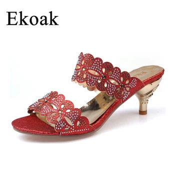 

Ekoak New Fashion rhinestone cut-outs women high heel sandals Casual ladies summer shoes women party sandals with floral