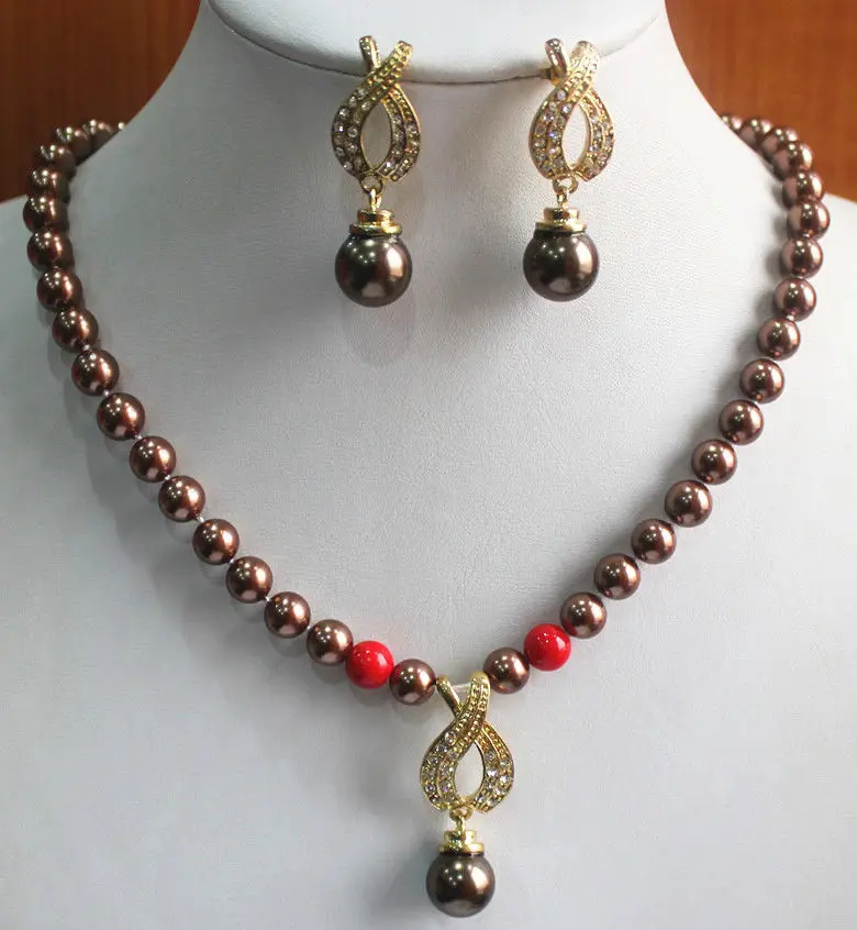

free shipping 07594 Coffee Pearl Necklace Earring Pendant Jewelry Set