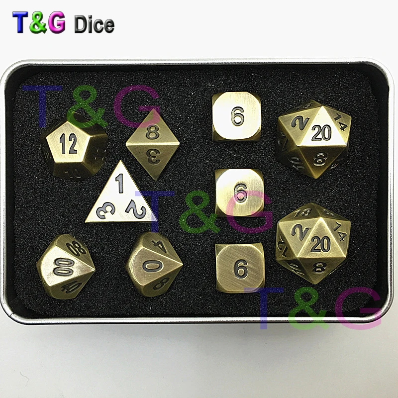 Латунь Цвет металлические игральные кубики d4 3xd6 d8 d10 d12 2xd20 dnd RPG цифровой с железная коробка для подарка 10 шт./компл