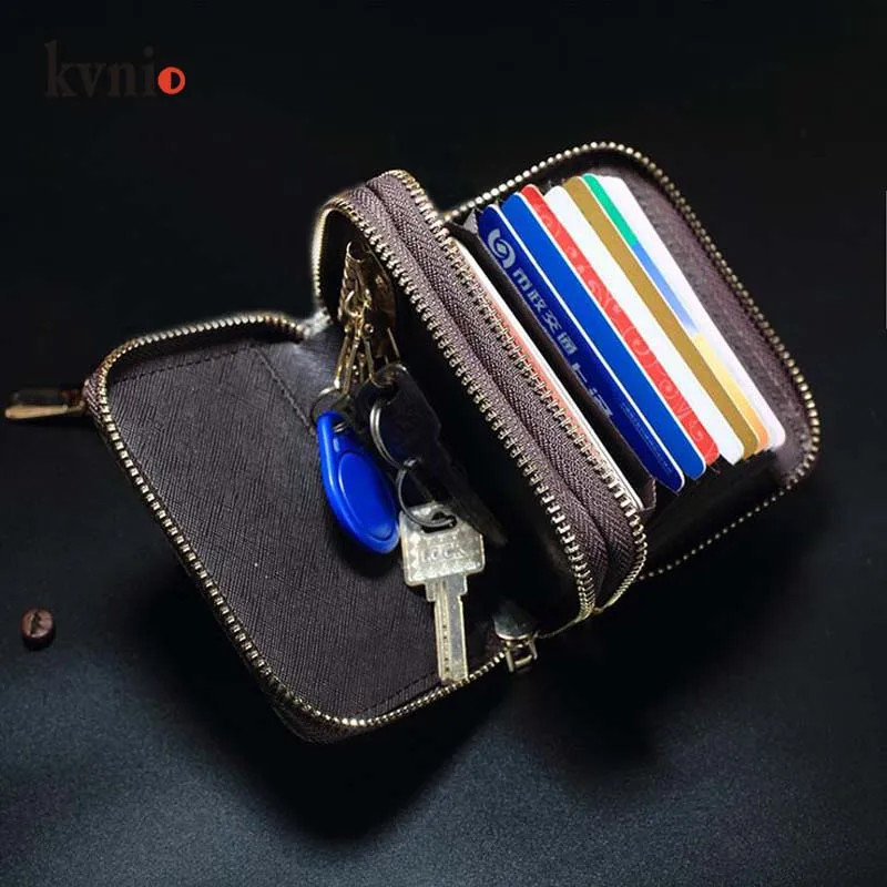 

KVNIO key holder pocket ID/Credit Card wallet vintage double zipper 6 keychain case 12 card Slots card Package for men and women