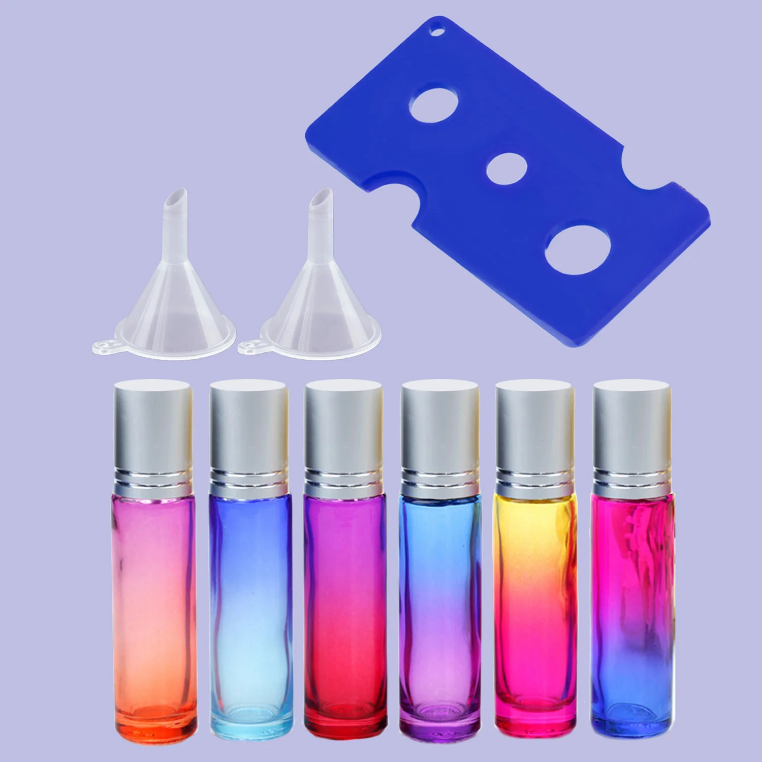 

6pcs 10ml Refillable Roller Ball Bottle with Blue Bottle Opener And Two Funnels Empty Essential Oil Perfume Bottle Random Colors