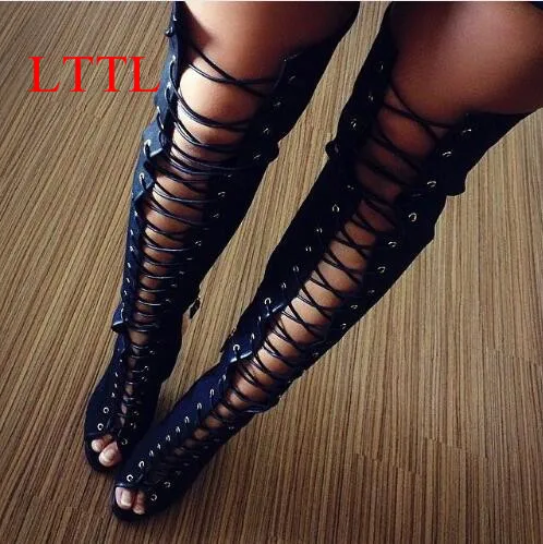 

LTTL Hot Selling Sexy Women Suede Lace-up Thigh High Boots Peep Toe Cut-out Strappy Gladiator Heels Over the Knee Autumn Boots