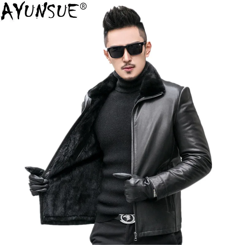 AYUNSUE из натуральной овечьей кожи Кожаные куртки Для мужчин норки меховой