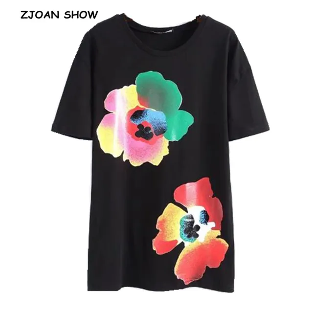 1066 Casual 3d Pression Colle Fleur Imprimer Manches Courtes T Shirt 2018 Contraste Couleur O Cou Court T Shirts De Base Tops Blanc Noir Dans
