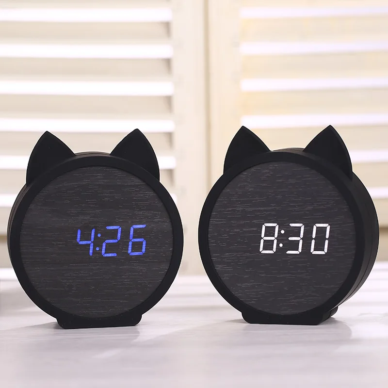 

LED Wooden Alarm Clocks Kid's clock Cute Cat Silicone Electronic Wooden table clock Cartoon Calendar Perfection Voice Control