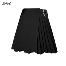 Для женщин Асимметричные Юбки Лето Высокая Талия трапециевидной формы мини-юбка поясом черная юбка в стиле панк женские Нерегулярные плиссированные юбки в готическом стиле