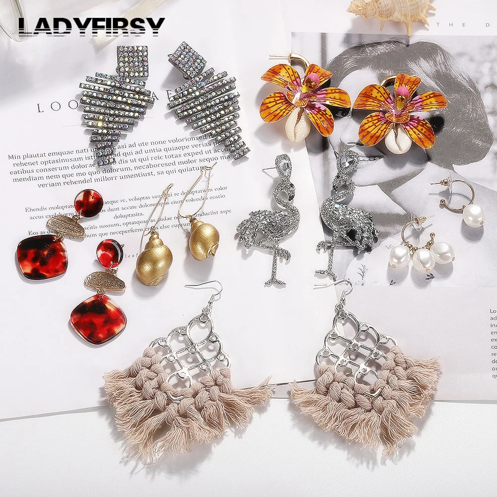 

Ladyfirsy Trendy Big Statement Flower Tassel Earrings for Party Girls Luxury Crystal Stones Animal Shaped Drop Earrings Wedding