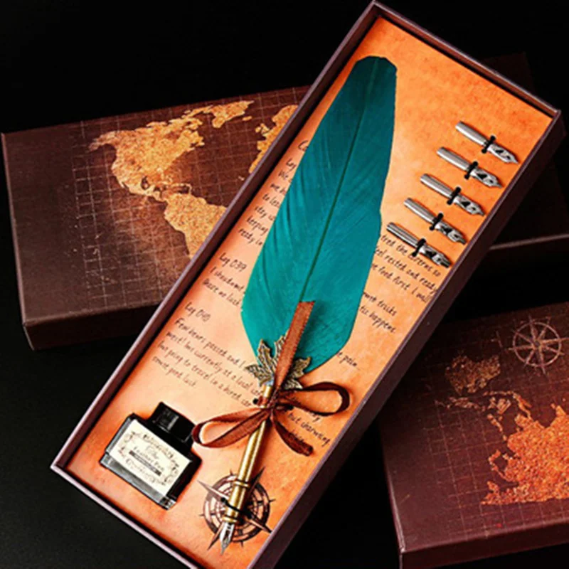 

Christmas Present Retro Feather Dip Pen Writing Ink Set Stationery Gift Box with 5 Nib Wedding Gift Fountain Pen Holiday Gift