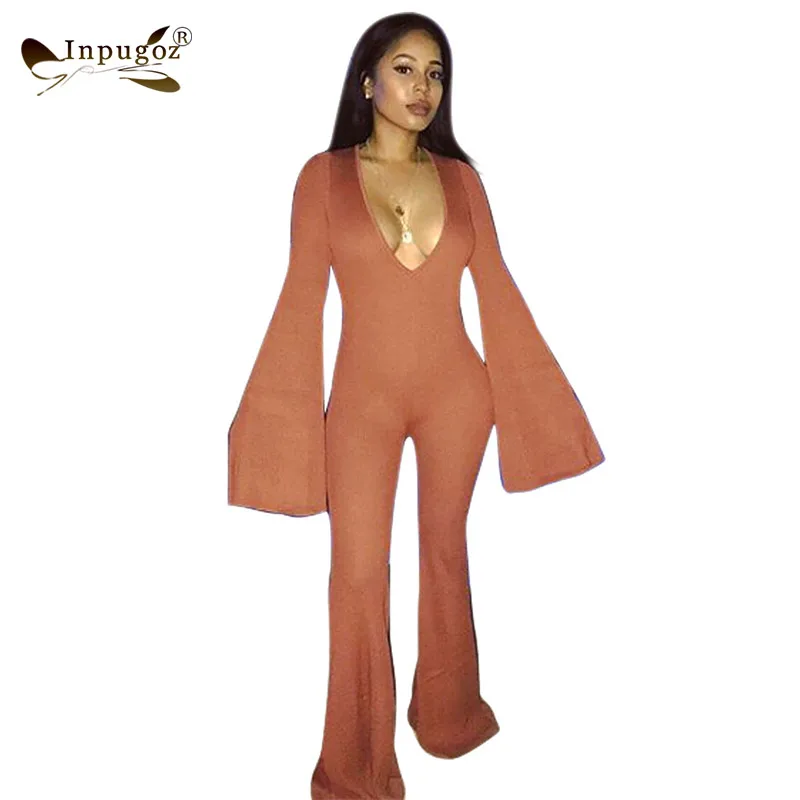 New Casual Women Jumpsuits Flare Long Sleeve V Neck Women Casual
