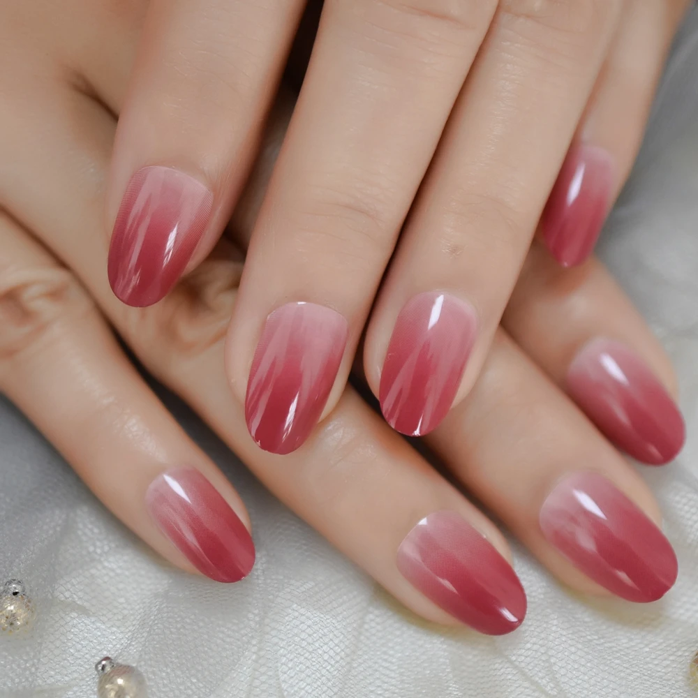  Oval Ombre Medium Fake Nails Berry Red Gradient Designed Nails Manicue Full Cover Fingernails