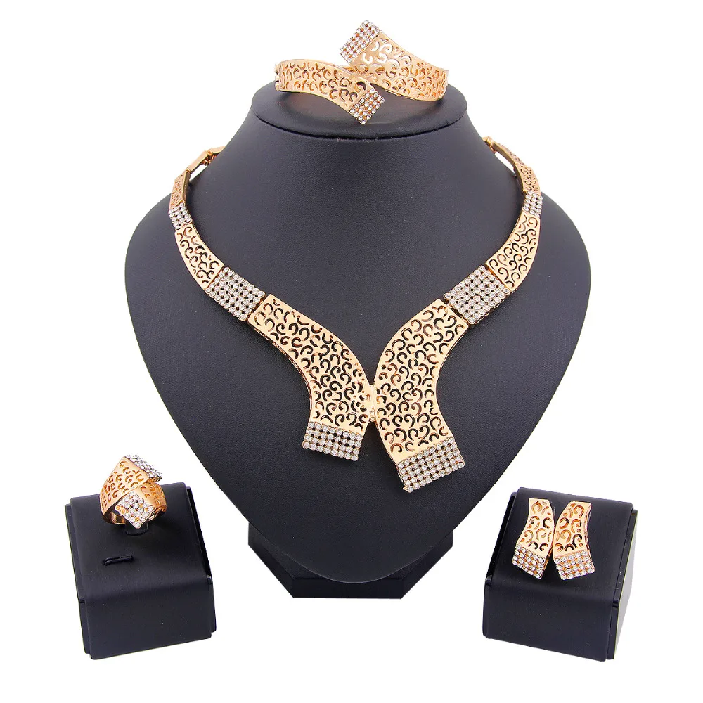Fashion Brand Crystal Beads Gold Dubai Women Costume Jewelry Necklace Set Classic African party