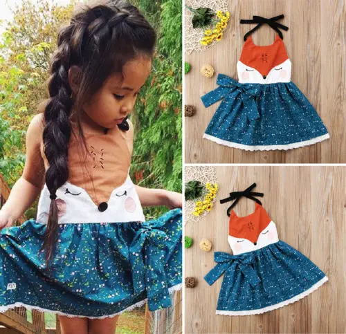 

2019 New Adorable Girls Dress Toddler Kids Baby Girls Halter Cartoon Summer Party Backless Dress Holiday Beach Sundress Pudcoco
