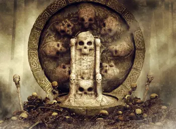 

Dark throne bone surrounded skulls backgrounds Vinyl cloth High quality Computer print Halloween backdrops